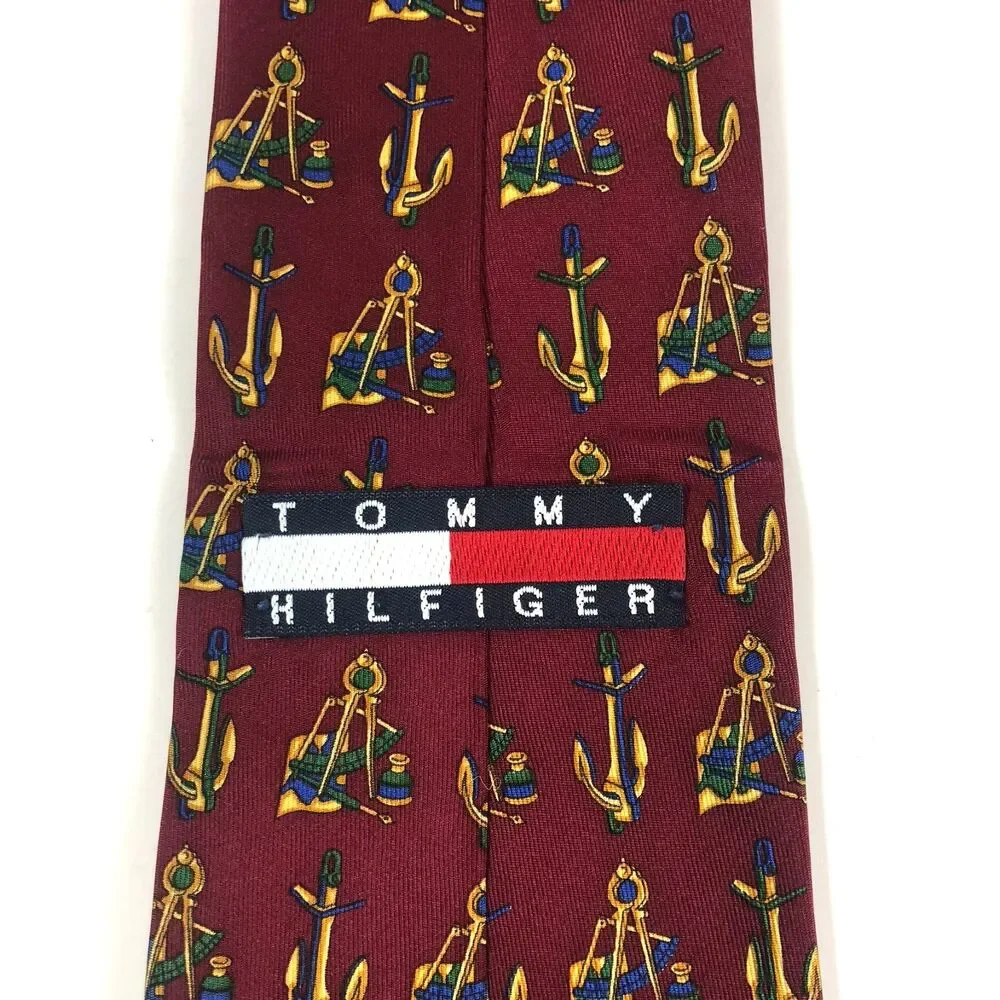 Tommy Hilfiger Silk Tie Maroon Nautical Crest Anchor Compass Print Made in USA